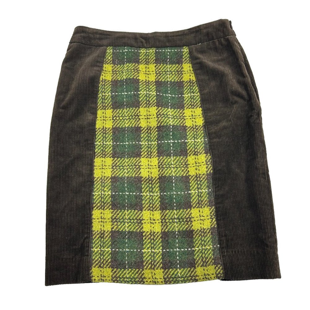 Anthropologie Maeve Womens Skirt Size 4 Brown Corduroy Green Plaid Panel Pencil